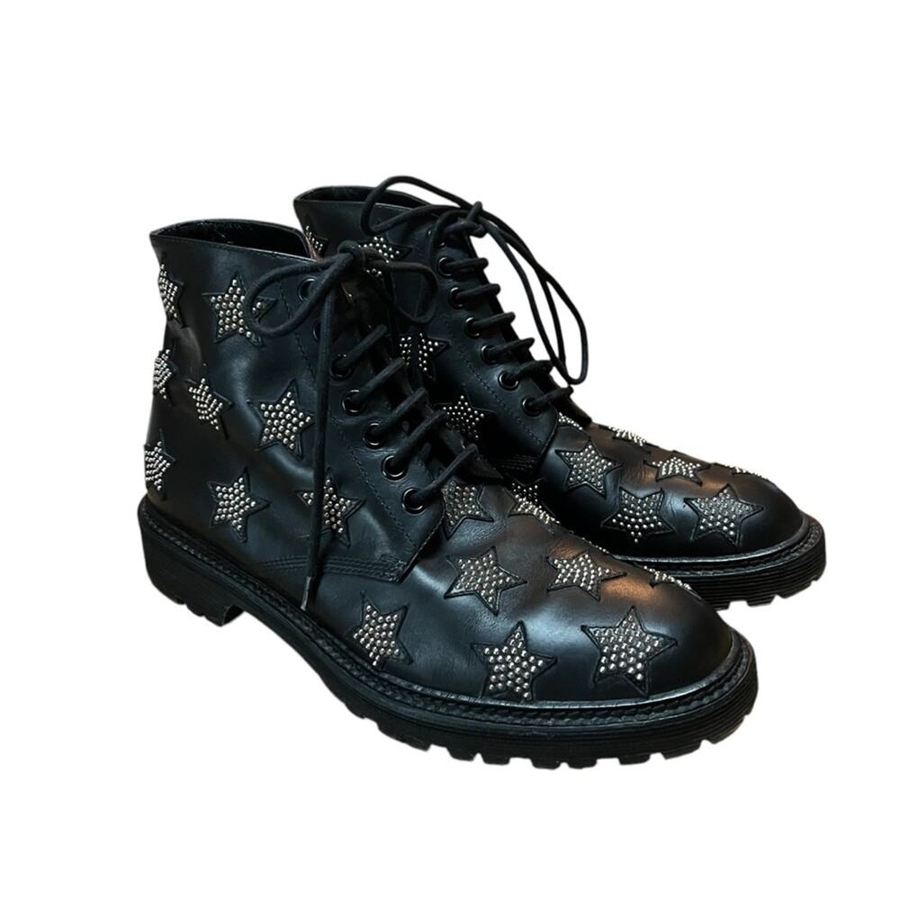 Saint Laurent Star-Studded Leather Black Combat Boot EU 37.5 US 7.5